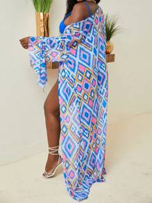 SHEIN Swim Women Solid Color Bikini Set With Underwire And Geometric Printed Cover-Up, Random Print For Beach Vacation In Summer - Multicolor - View 2