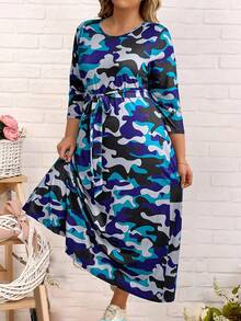 SHEIN LUNE 大碼圓領迷彩印花休閒裙，可隨意搭配 - 藍色 - 查看 3