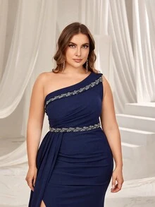 Faeriesty 曲线单肩加大码正式晚礼服，高开叉，美人鱼轮廓，优雅女士宴会礼服，适合庆典活动、婚礼派对、正式晚宴、慈善舞会和颁奖典礼 - 藏蓝色 - 查看 4