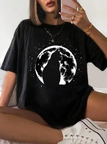 SHEIN EZwear 女性簡約印花圓領短袖夏季T恤 - 黑色 - 查看 1