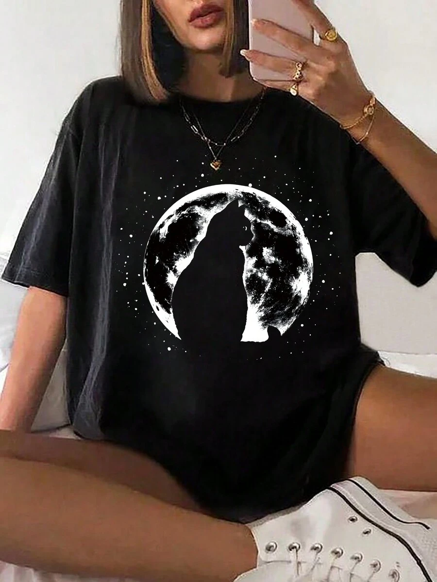 SHEIN EZwear 女性簡約印花圓領短袖夏季T恤 - 黑色 - 查看 1