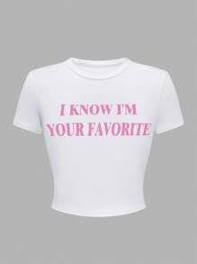 TRNVIE 我知道我是你最爱的女士夏季 Y2K 淡粉色标语短款 T 恤我知道我是你最爱的