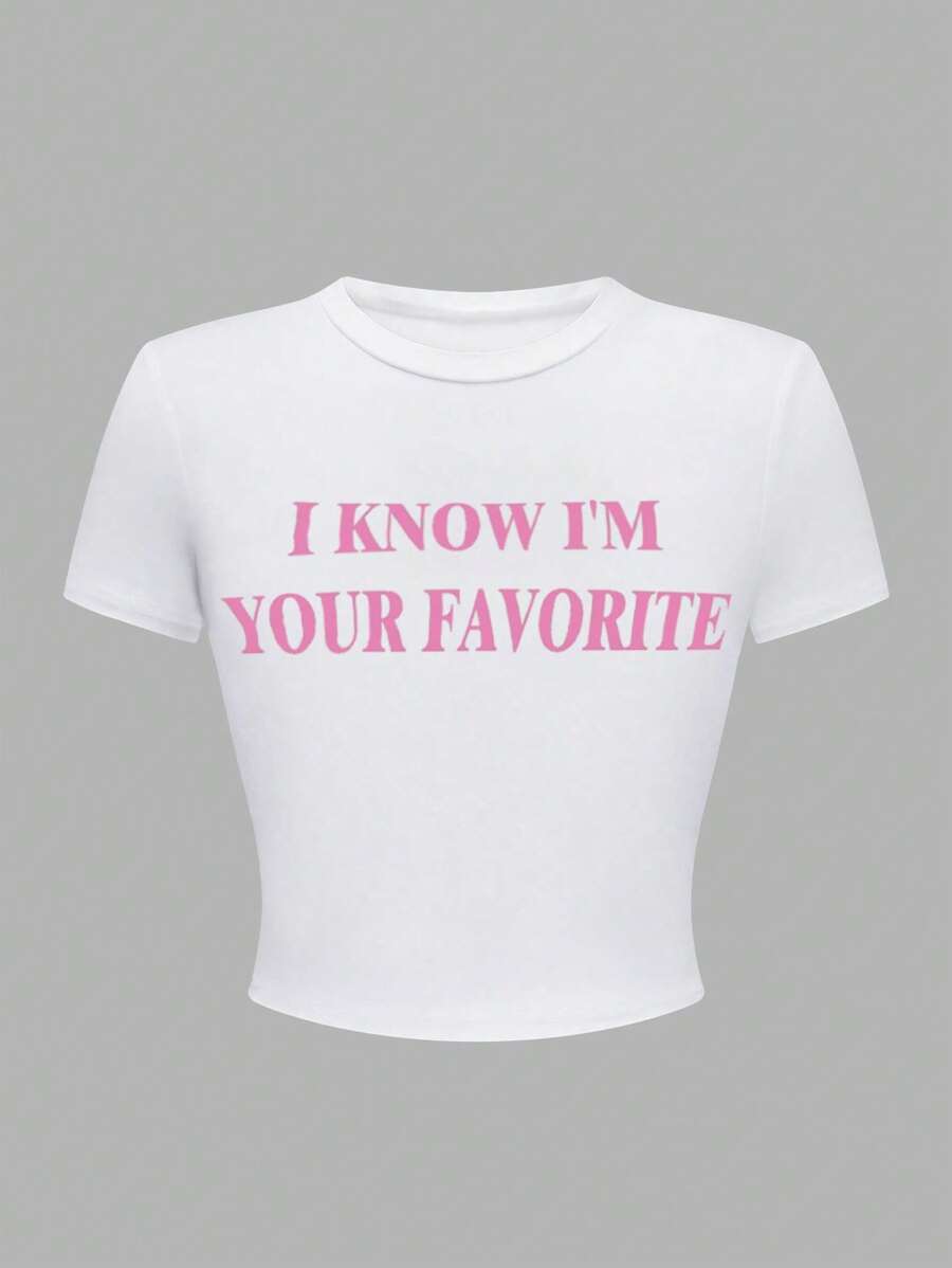 TRNVIE 我知道我是你最爱的女士夏季 Y2K 淡粉色标语短款 T 恤我知道我是你最爱的