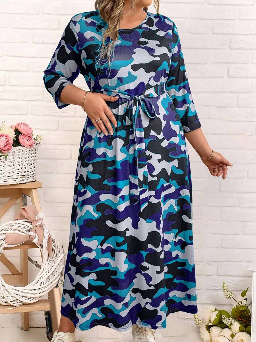 SHEIN LUNE 大碼圓領迷彩印花休閒裙，可隨意搭配 - 藍色 - 查看 1