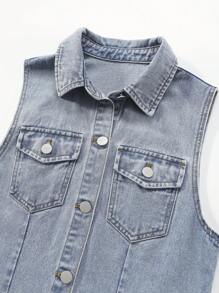 Teen Girl Street Casual Light Blue Washed Raw Hem Áo sơ mi denim có thắt lưng không tay - Rửa nhẹ - Xem 6