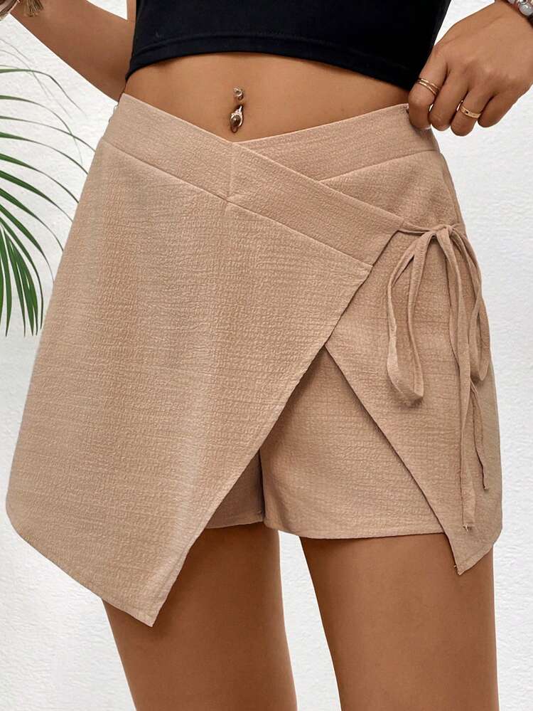 Vacation Solid Color Asymmetrical Hem High Waist Fitted Women Shorts Skirt For Summer