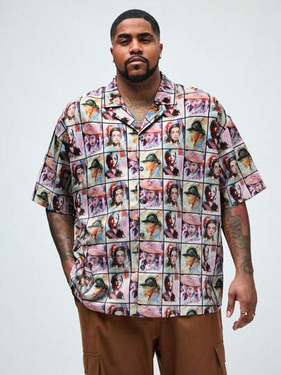 Manfinity VCAY 男士加大尺碼印花休閒短袖襯衫