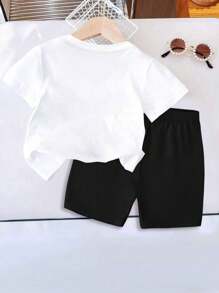 SHEIN Leap Crew Two Pieces Outfits, Summer Sets, White Top, Black Shorts, Baby Girl Casual Simple Cartoon Cat Pattern Short Sleeve Set, Suitable For Spring And Summer - Multicolor - View 2