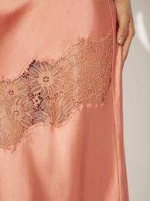 SHEIN Unity Solid Draped Satin Maxi Elegant Dress With Lace Detail - Dusty Pink - View 4