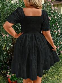 Flirla Plus Size Elegant Sweetheart Neck Puff Sleeve Ruffle Hem Schiffy Dress Vacation Beach Outfits Women - Black - View 2