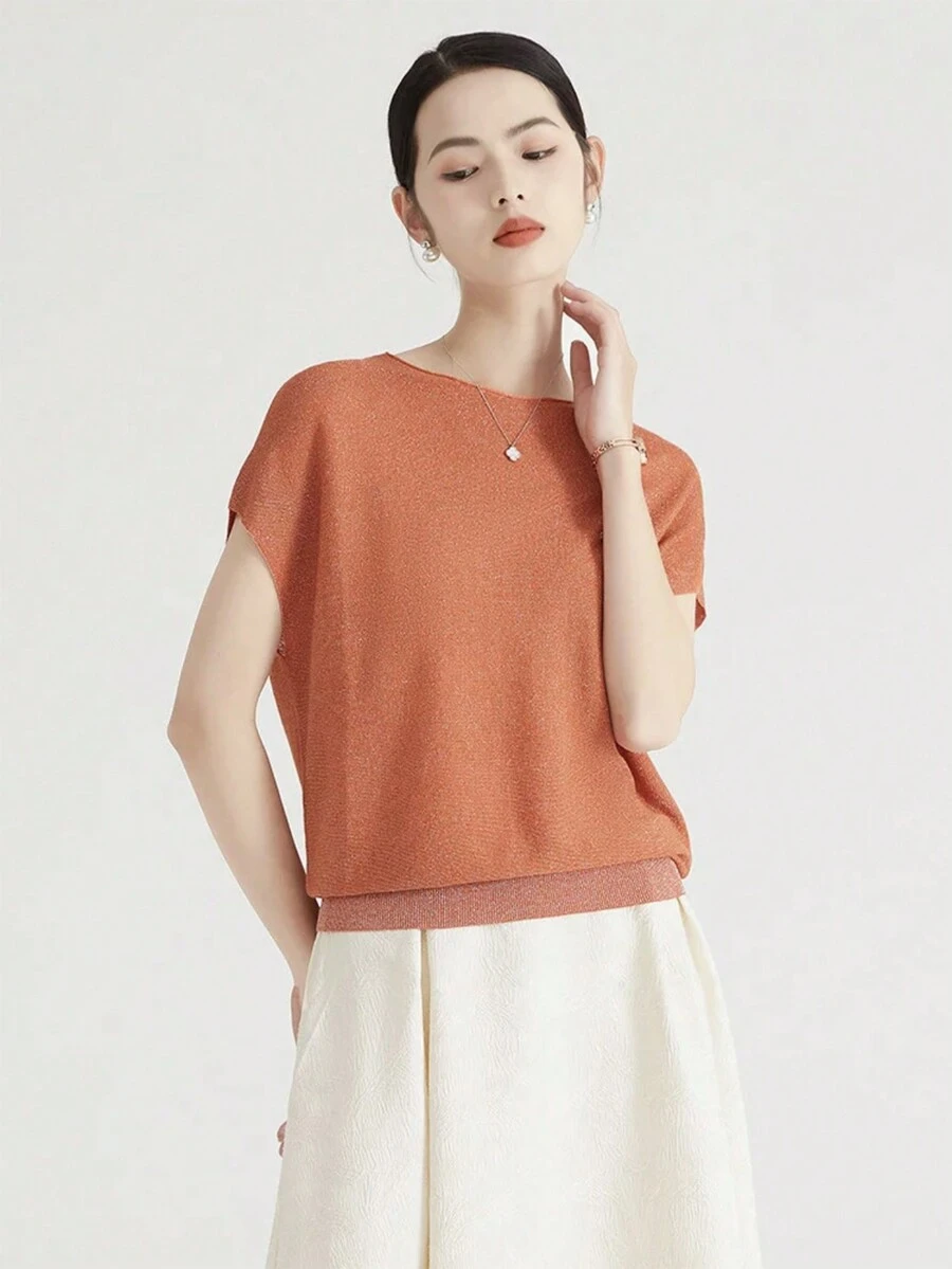 Casual Sparkly Batwing Sleeve Knit Blouse, Spring/Summer - Rose Red - View 1