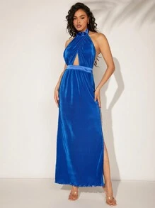 Hauture 露背褶皺純色高衩無袖派對長裙