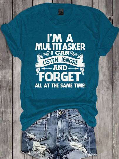 INAWLY 春夏季时尚标语印花酷炫休闲女士 T 恤我是一个多面手我可以同时倾听、忽略和忘记所有图形 T 恤女士上衣