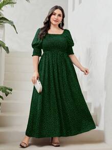 Modelyn 大码女式夏季度假风格印花方领短款泡泡袖长款优雅连衣裙 - 綠色 - 查看 6