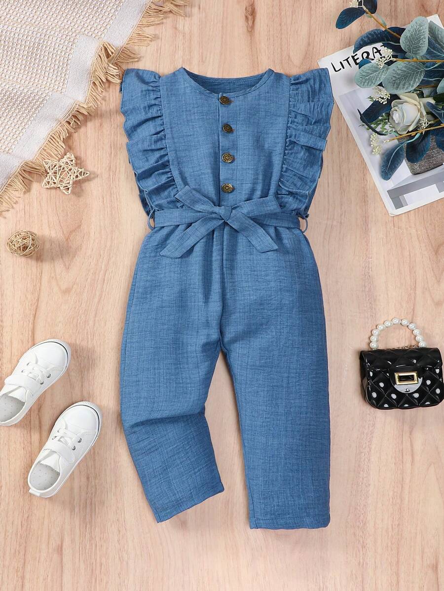 SHEIN Vintaside Kids Young Girl Solid Color Sleeveless Jumpsuit With Belted Waist And Round Neckline