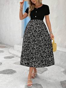 SHEIN Maternity Round Neck Short Sleeve Floral Print Dress - Black - View 5