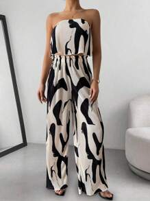 Breezaya 2 件套女士休闲夏季印花皱褶无袖上衣和宽松阔腿裤套装 - 彩色 - 查看 6