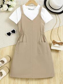 Tween Girl Round Neck Short Sleeve Top + Solid Color Pocketed Thick Strap Sleeveless Dress Two-Piece Set