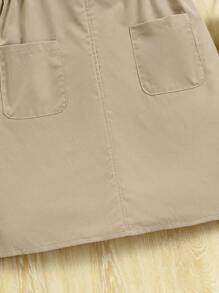 Tween Girl Round Neck Short Sleeve Top + Solid Color Pocketed Thick Strap Sleeveless Dress Two-Piece Set