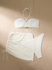 Swim SXY Vacation Solid Textured Separates Bikini Set 3-Piece Set,Summer Beach - White - View 4