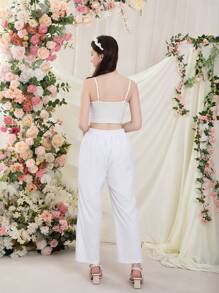 Teen Girl Spring/Summer Wedding Banquet Solid Color 3D Flower Decorated Strap And Wide Leg Pants Two-Piece Set - White - View 2