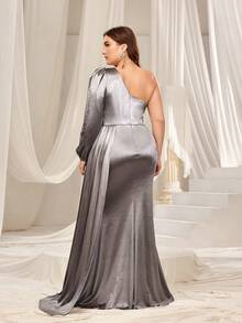 Faeriesty Plus One Shoulder Satin Formal Dress - Grey - View 2