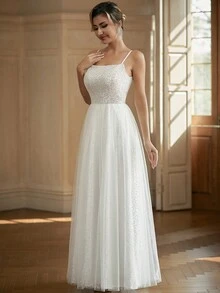 Women Sparkling Spaghetti Strap Wedding Dress With Contrast Mesh - White - View 4