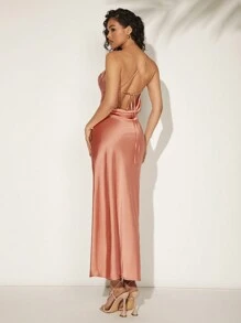 SHEIN Unity Solid Draped Satin Maxi Elegant Dress With Lace Detail - Dusty Pink - View 2