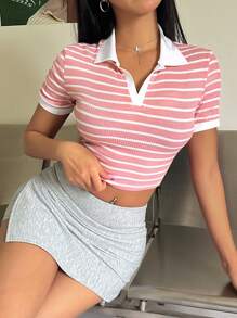 SHEIN EZwear Áo thun in sọc mùa xuân - Hồng - Xem 4