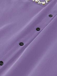 SHEIN Clasi Plus Size Summer Casual Elegant Personalized Faux Pearl-Beaded Shirt Dress - Purple - View 5