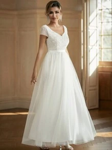 Sweetheart Neck Contrast Sequin Lightweight And Breathable Mesh Maxi Wedding Dress - White - View 1