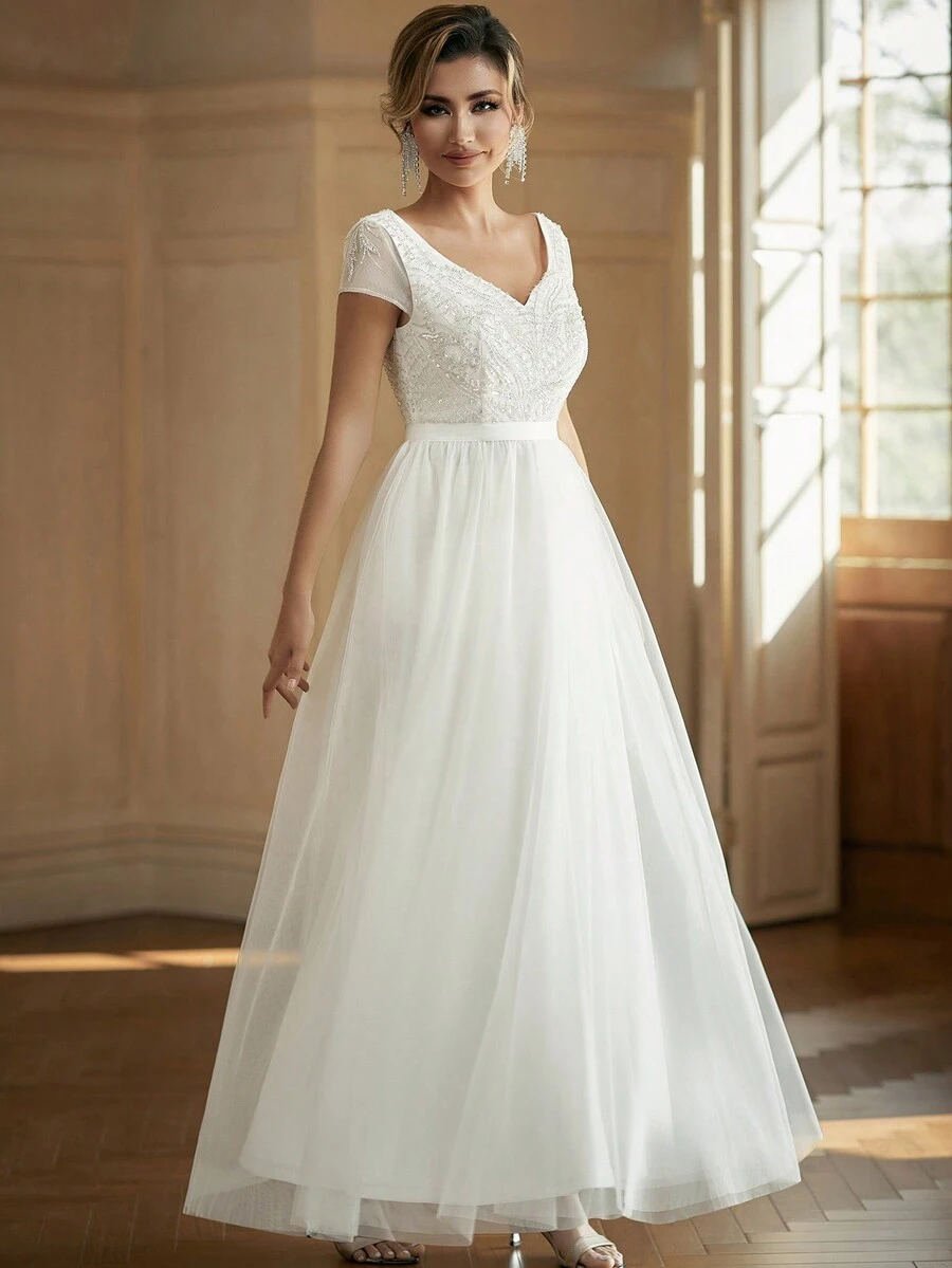 Sweetheart Neck Contrast Sequin Lightweight And Breathable Mesh Maxi Wedding Dress - White - View 1
