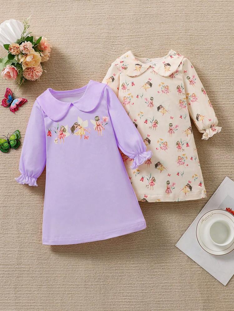 2pcs/Set Infant Girls' Flower Print Long Sleeve Doll Face Sleep Dress, Home Clothes