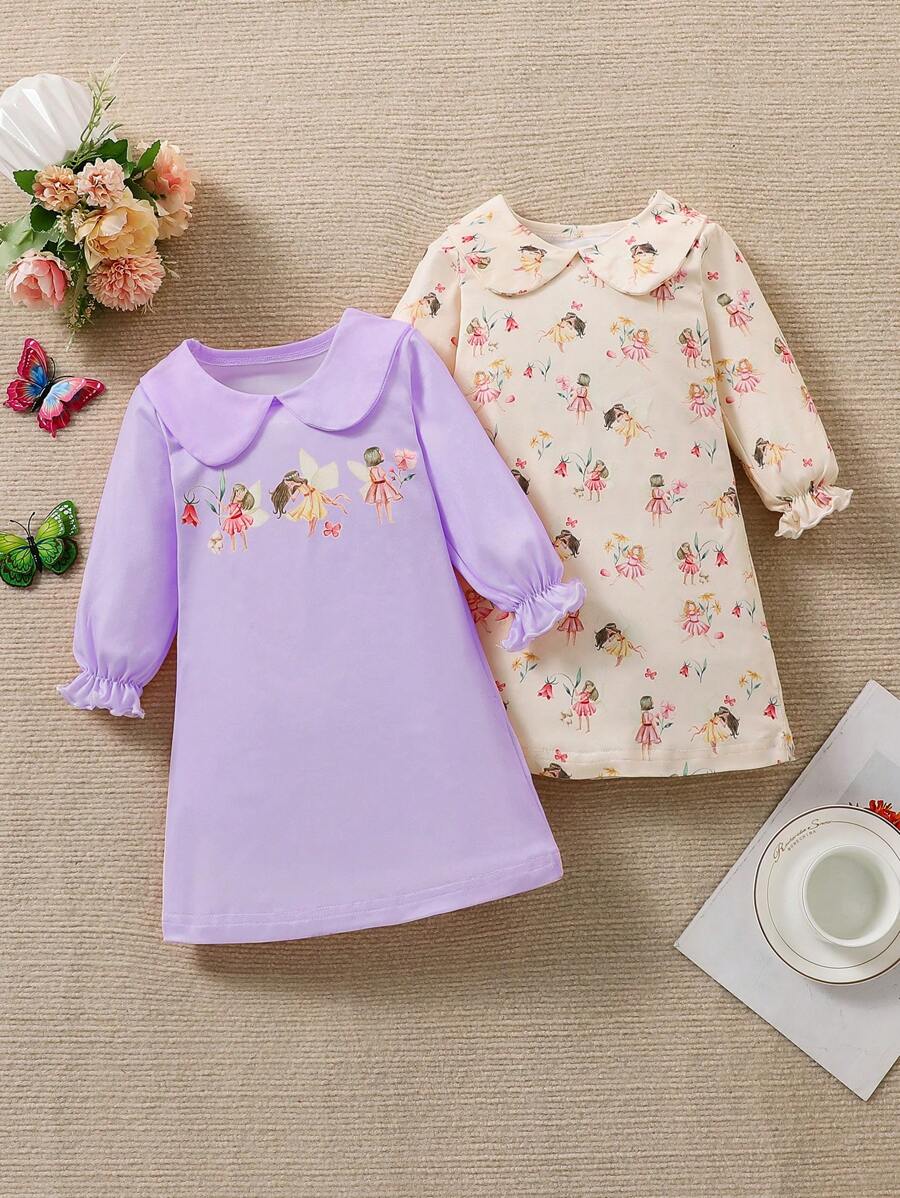 2pcs/Set Baby Girls' Flower Print Long Sleeve Doll Face Sleep Dress, Home Clothes - Violet Purple - View 1