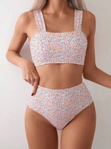 Swim Mod 花卉印花露背式假日風格夏季海灘比基尼套裝 - 彩色 - 查看 4