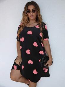 SHEIN LUNE Plus Size Simple Heart Print Round Neck Short Sleeve Dress - Pink - View 3