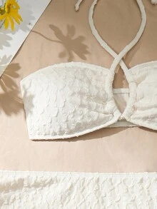 Swim SXY Vacation Solid Textured Separates Bikini Set 3-Piece Set,Summer Beach - White - View 6