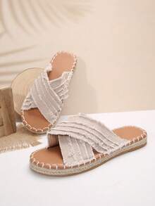 女性時尚羅馬風格亞麻漁夫交叉涼鞋時尚舒適假期米色平底拖鞋 - 米色 - 查看 2
