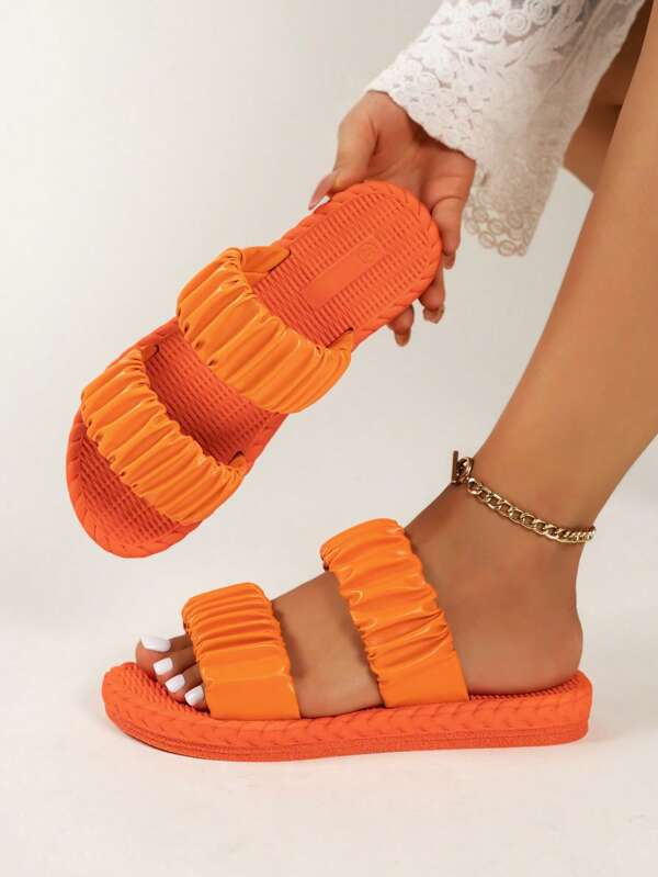 Flache Damenschuhe Sommer Neue Falt-Design Runde Zehe Rutschfeste Strand Sandalen Süße Orange Tägliche Hausschuhe