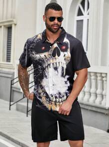 Manfinity LEGND Conjunto de camisa y pantalones cortos de primavera y verano casuales con estampado de calaveras para hombres de talla grande - Multicolor - Ver 4