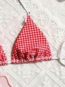 Swim Mod Women Summer Beach Vacation Gingham Simple Halter Neck Bikini Top With Random Print - Red and White - View 4