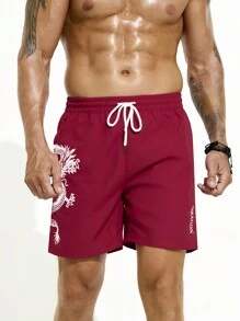 Manfinity Swimmode Men Dragon Print Drawstring Waist Beach Shorts - Red - View 7