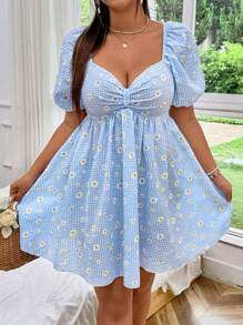 Sunnyshic Đầm mùa hè in hoa cổ tim tay ngắn cỡ lớn cho kỳ nghỉ bãi biển dành cho nữ - Xanh và trắng - Xem 5