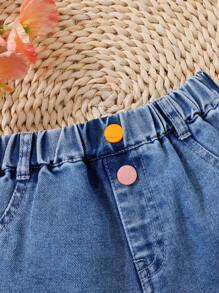 SHEIN Young Girl Casual And Cute Heart-Shaped Embroidery Colorful Button Details Denim Shorts For Daily Wear - Medium Wash - View 3