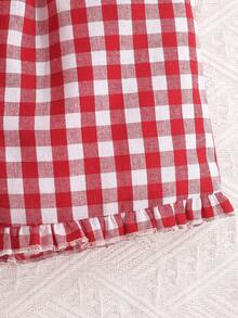 Young Girls' Tartan Red Home Clothes Set, Including Short Sleeved Top And Shorts With Ruffled Hemmed Sleeves - Red and White - View 7