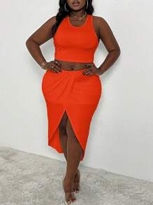Slaydiva Summer Solid Color Cropped Tank Top And Asymmetrical Hem Bodycon Skirt Plus Size Women 2 Pieces Set,Holiday Outfits - Orange - View 4