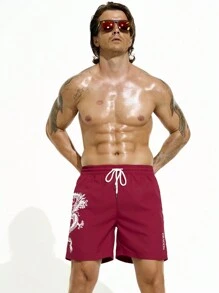 Manfinity Swimmode Men Dragon Print Drawstring Waist Beach Shorts - Red - View 3