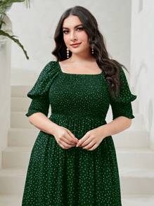 Modelyn 大码女式夏季度假风格印花方领短款泡泡袖长款优雅连衣裙 - 綠色 - 查看 3