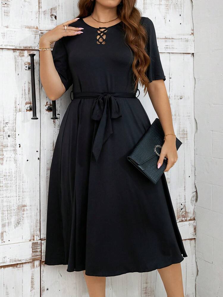 Plus Size Black Knitted Summer Dress With Circular Ring Decoration