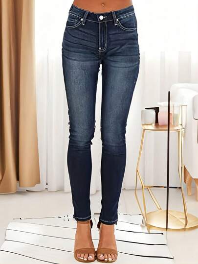 Women's Mid-Waist Contrast Stitching Skinny Jeans